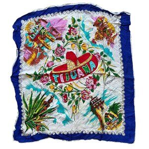 Vintage Tijuana Souvenir Scarf 36” X 36” Floral & Landmark Print Blue Border